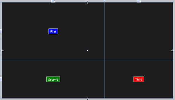 A screenshot of three colored rectangular buttons (again, labeled First, Second, and Third) displayed in the upper-left, lower-left, and lower-right cells of a grid.