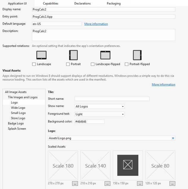 A screenshot of the Manifest Editor. At the top are four tabs: Application UI, Capabilities, Declarations, and Packaging. The Application UI tab is selected. The screen shows details that describe the appearance and function of the UI, including language settings, the name that will be seen on the display, and the supported rotation modes, as well as the images used to represent the app.