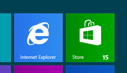 A partial screenshot showing tiles on the Home page. The Windows Store tile has a small figure 15 at the bottom-right, showing the number of updates available.