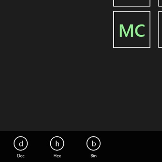 A screenshot showing the app bar displayed at the bottom of the screen. Three round buttons are displayed to the left, with the names “Dec,” “Hex,” and “Bin,” below them, respectively.