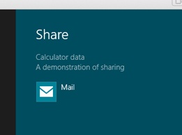 A screenshot showing the Share charm in use. A sidebar headed “Share” shows the available data, together with a list of apps that can receive that data type.