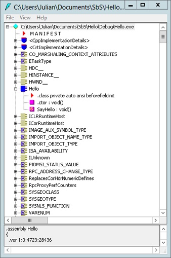 The same screenshot as in the last illustration, except this one shows the “Hello” entry in the tree expanded, displaying successive levels of detail. Several symbols appear, denoting different types of entities. The symbols for methods are pink squares, and static methods display an “S” in the square.