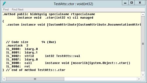 A screenshot of the IL disassembler tool window, displaying the code for the constructor, which shows the creation of a DocumentationAttribute object at the start of the function.