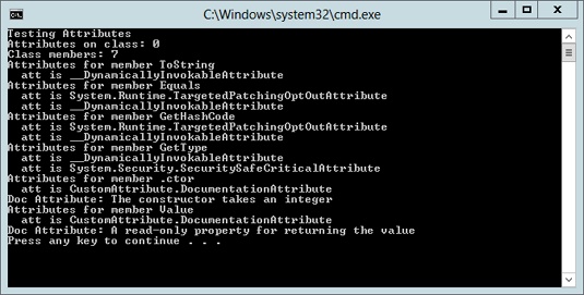 A screenshot of the console window with output showing that the constructor and the Value property have the Documentation attribute attached.