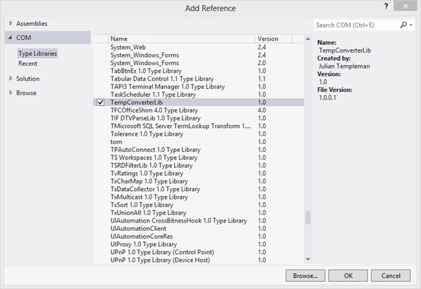 A screenshot of the Add Reference dialog box. In the pane on the left, the COM entry has been clicked and displays a list of the COM components that have been registered on the computer. In the center pane, the TempConverter project appears on this list, and has been selected by clicking on a check box to its left.