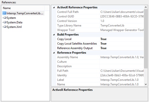 A screenshot showing the list of references for this project. The list contains an entry for a generated assembly that holds the RCW code.