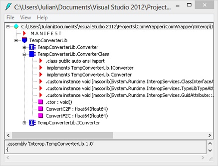 A screenshot of the IL disassembler tool window, showing the structure of the types and metadata within the interop assembly.