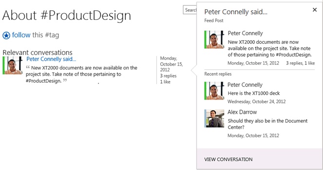A screen shot of the About #tag page, displaying a hover card containing a conversation and its replies.