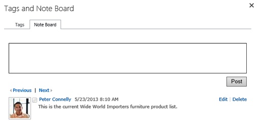 A screen shot of the Tags and Note Board. The note created in the exercise appears below the text box, with a thumbnail and the name of the person who created the note.