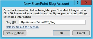 A screen shot of the New SharePoint Blog Account dialog box.