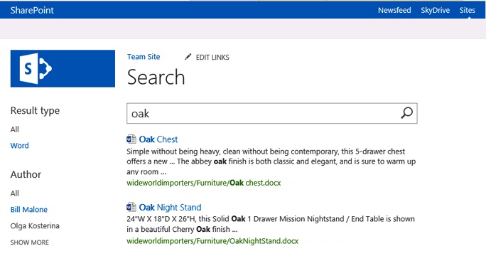 A screen shot showing the search results page filtered by author and result type of Word.