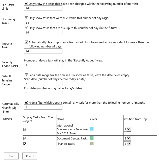 A screen shot of the My Tasks settings page.