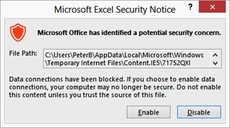 A screen shot of the Microsoft Excel Security Notice dialog box.