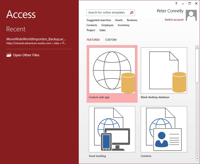 A screen shot of the Access startup screen displaying database templates.