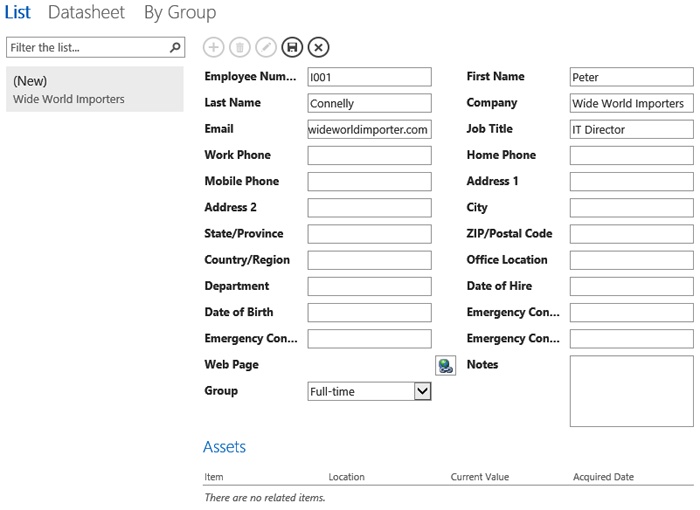 A screen shot of the List view of the Employees table with values in the text boxes, as described in the previous table.