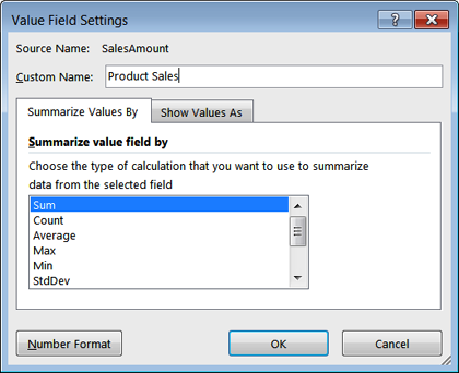 A screen shot showing the Value Field Settings dialog box.