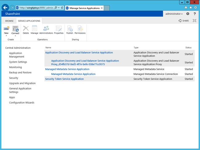 The Manage Service Applications page with the Managed Metadata Service Application and proxy