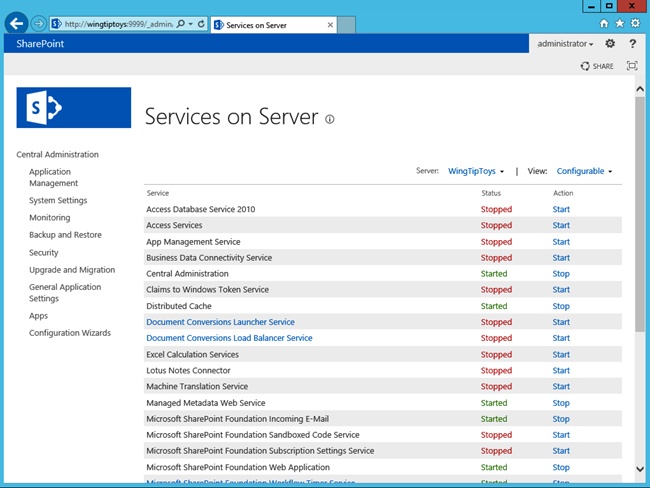 The Manage Services On Server page