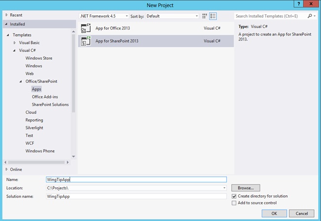 Selecting the App for SharePoint 2013 project type to create an app