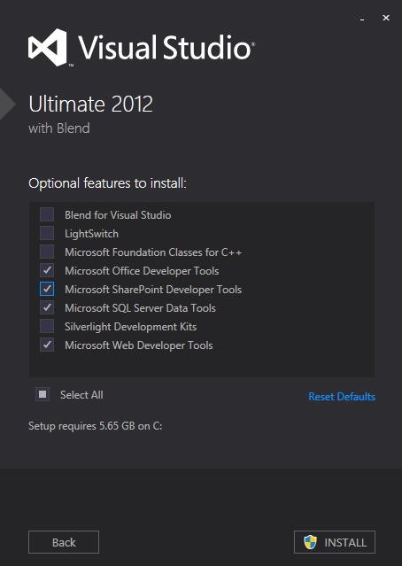 Selection of optional features during the Visual Studio 2012 installation