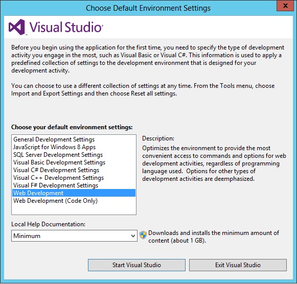 Choosing the default environment settings for Visual Studio 2012