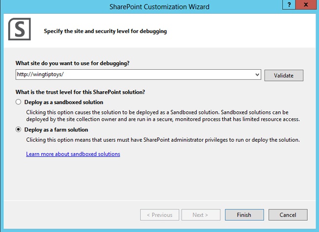 Selecting a site for debugging and choosing between a farm and sandboxed solution