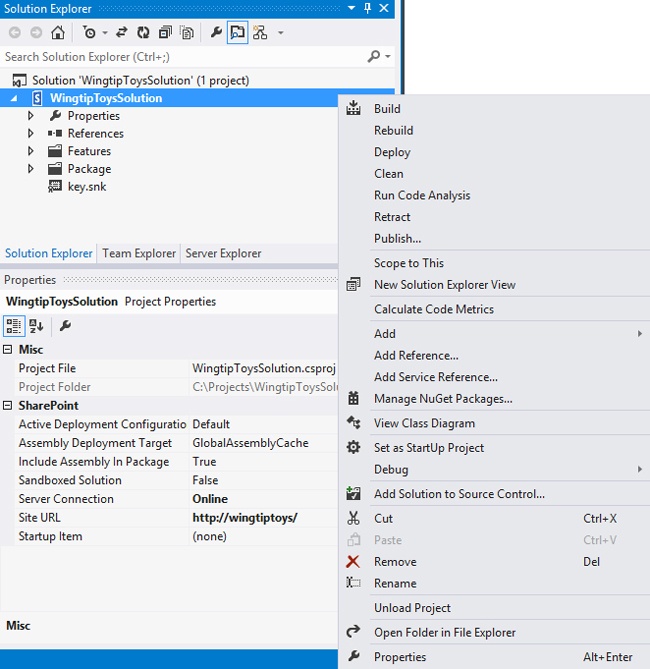 The Solution Explorer showing an empty SharePoint project