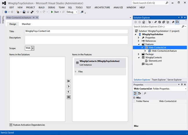 A solution containing a custom web-scoped feature that contains a list instance