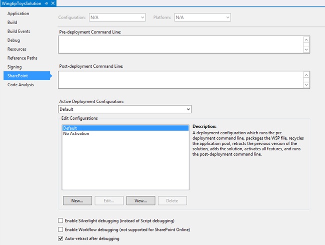 A SharePoint project’s project properties dialog box showing deployment configurations