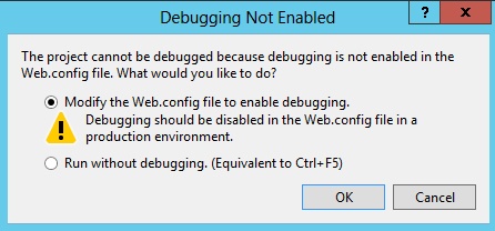 Visual Studio 2012 offering to enable debugging on the web application