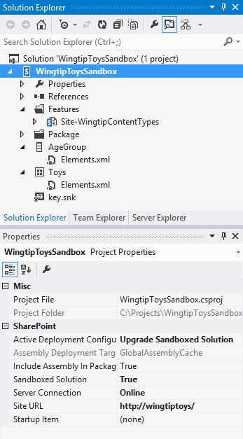 Solution Explorer and project properties of a sandboxed solution project in Visual Studio