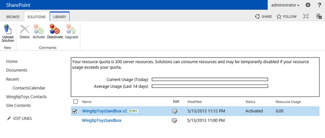 The Solution Gallery containing the previous and the new versions of the sandboxed solution