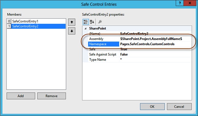 You can use Visual Studio 2012 to add custom safe control entries by modifying the Safe Control Entries property of the SharePoint Project Item.