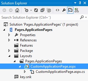 Custom application pages are added to the Layouts folder in the Visual Studio project.