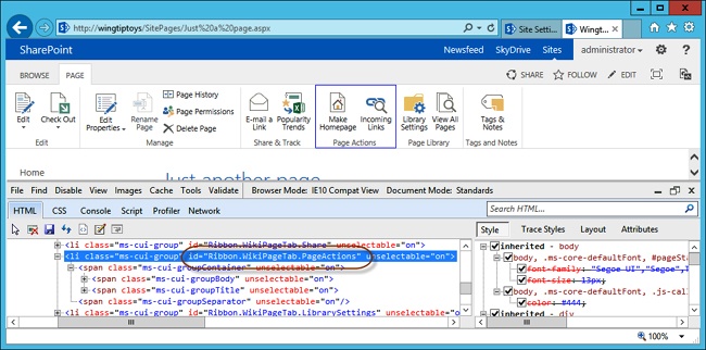 Internet Explorer Developer Tools can be used to find out the IDs of ribbon tabs, groups, and controls.