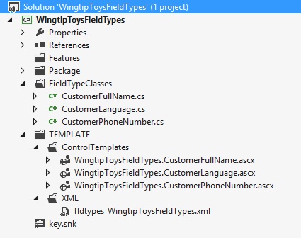 The WingtipToysFieldTypes project demonstrates creating custom field types and custom field controls.