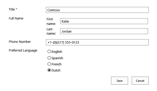 This edit form of a list shows the three custom field types that were created in this chapter.