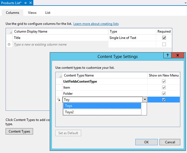 The Columns tab of the list designer is part of the SharePoint Developer Tools for Visual Studio 2012.