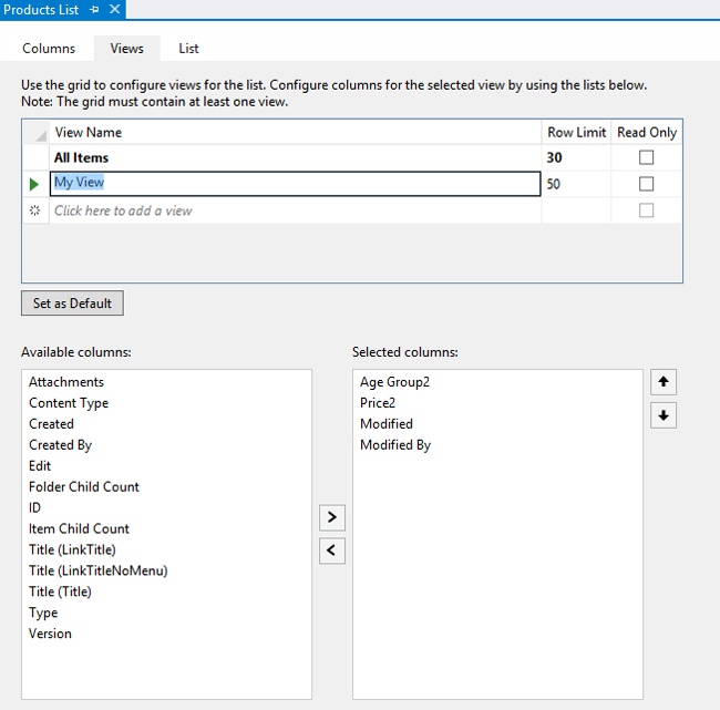 The Views tab of the list designer is part of the SharePoint Developer Tools for Visual Studio 2012.