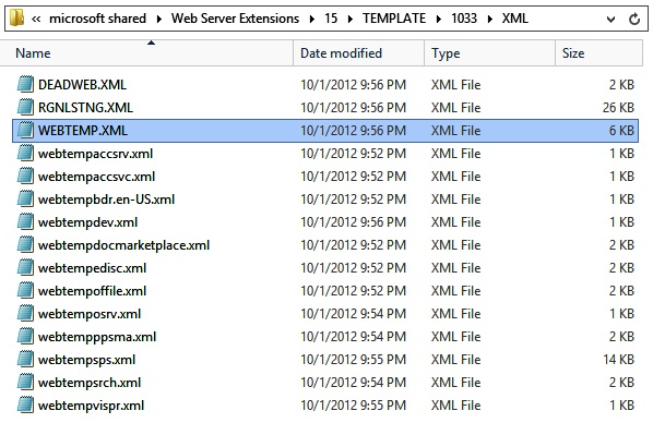 The TEMPLATE1033XML folder containing the webtemp*.xml files