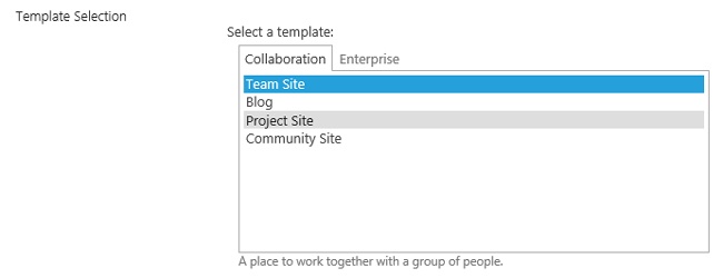 The template selection box as displayed when a new subsite is created