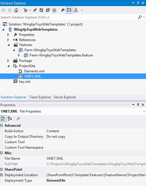 Solution Explorer and the properties pane showing the web templates solution and ONET.xml properties