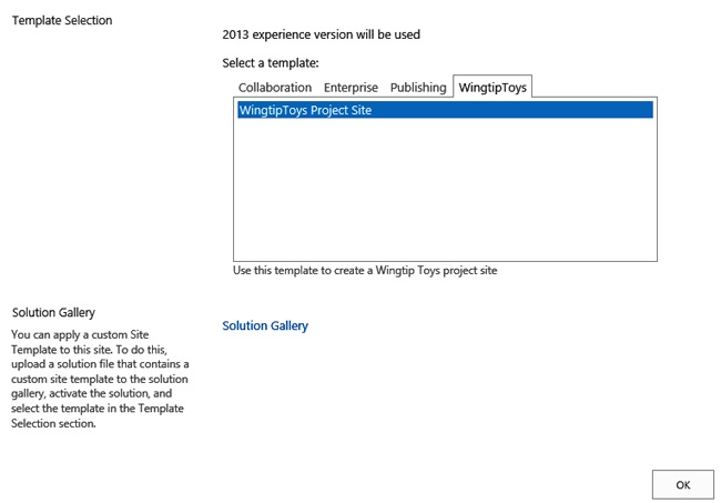 Selecting a web template on the template selection page in the site collection