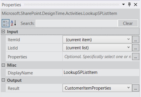 Use the Properties pane for the LookupSPListItem activity to modify settings.