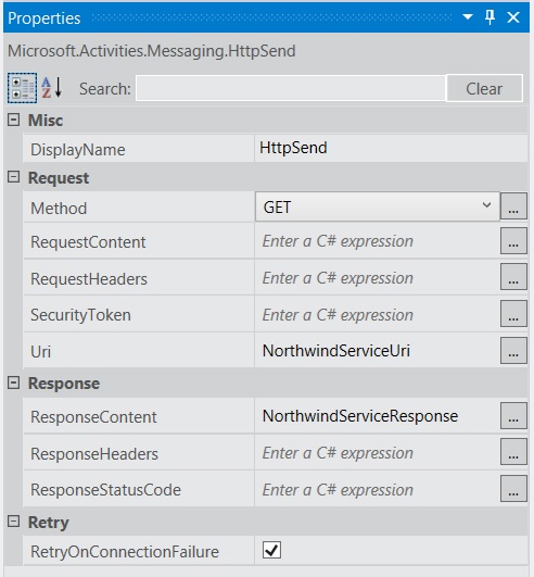 Use the Properties pane to edit the settings on the HttpSend activity.