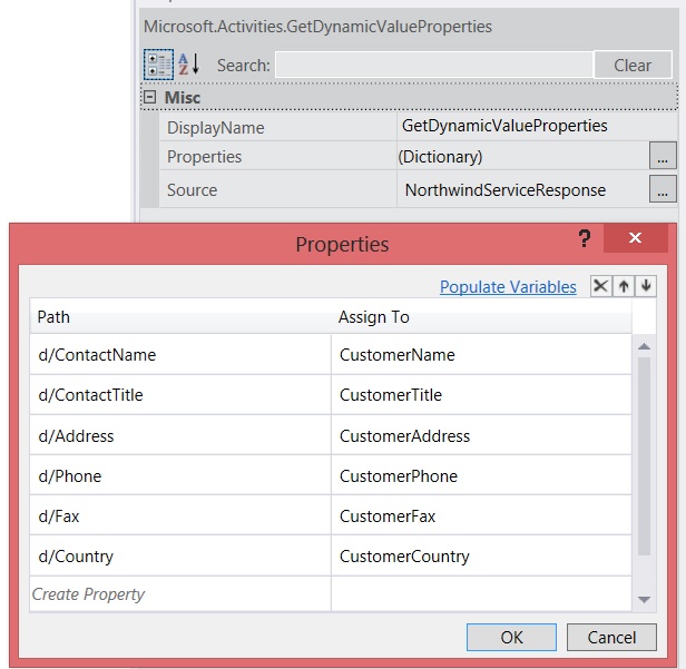 Use the Properties pane and dialog box to edit the settings of the GetDynamicValueProperties activity.