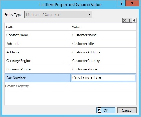 Use the Properties dialog box to edit the settings on the ListItemPropertiesDynamicValue activity.