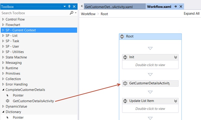 Add the custom activity, GetCustomerDetailsActivity, to the workflow.