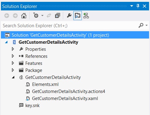 This project’s Solution Explorer pane shows the activity and associated *.actions4 file.