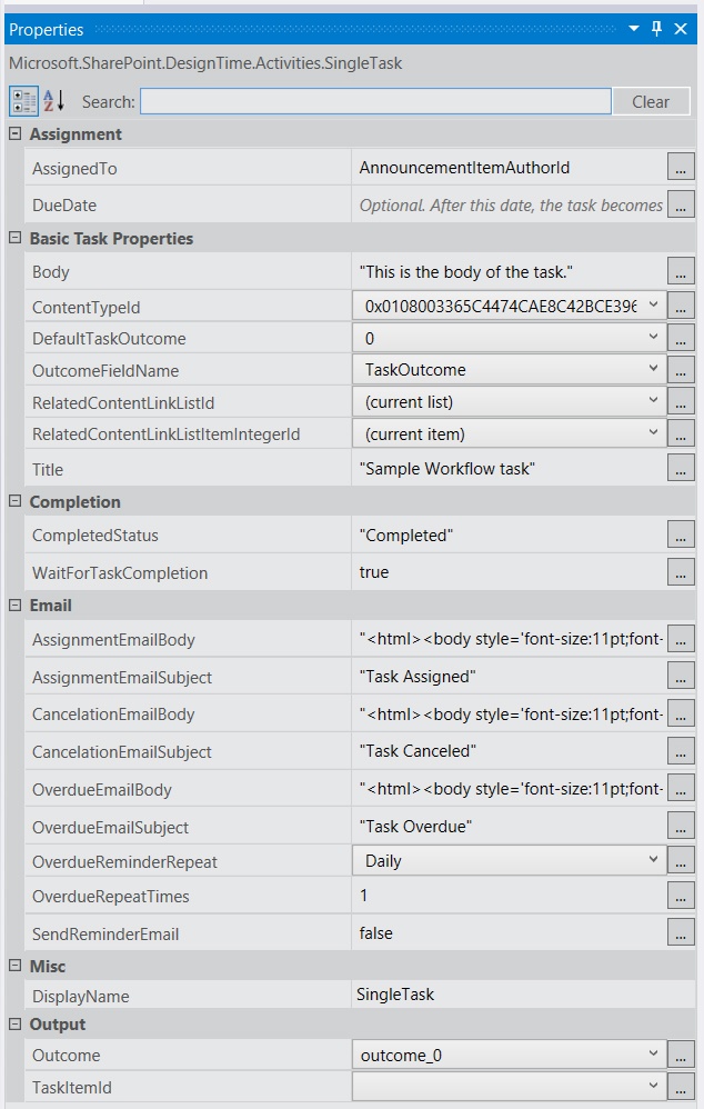 Use the Properties pane for the SingleTask activity to modify the settings.